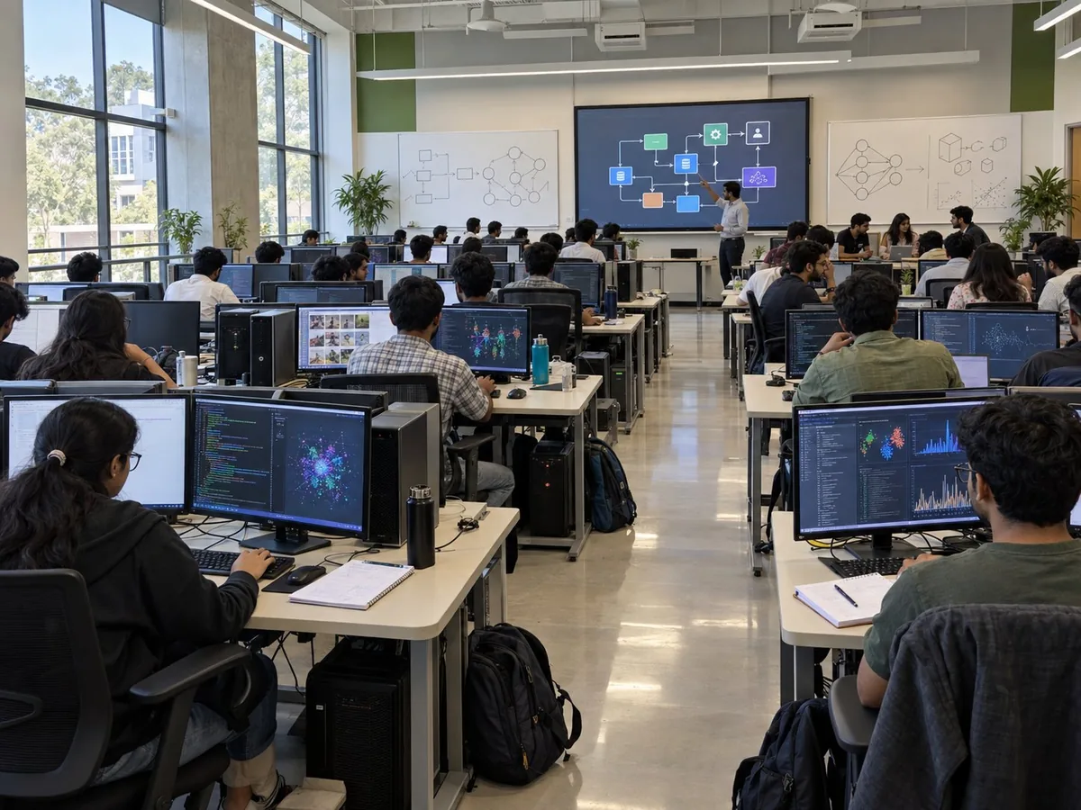 Second- and third-year students at desktop workstations showing data visualisations in an AI and compute lab