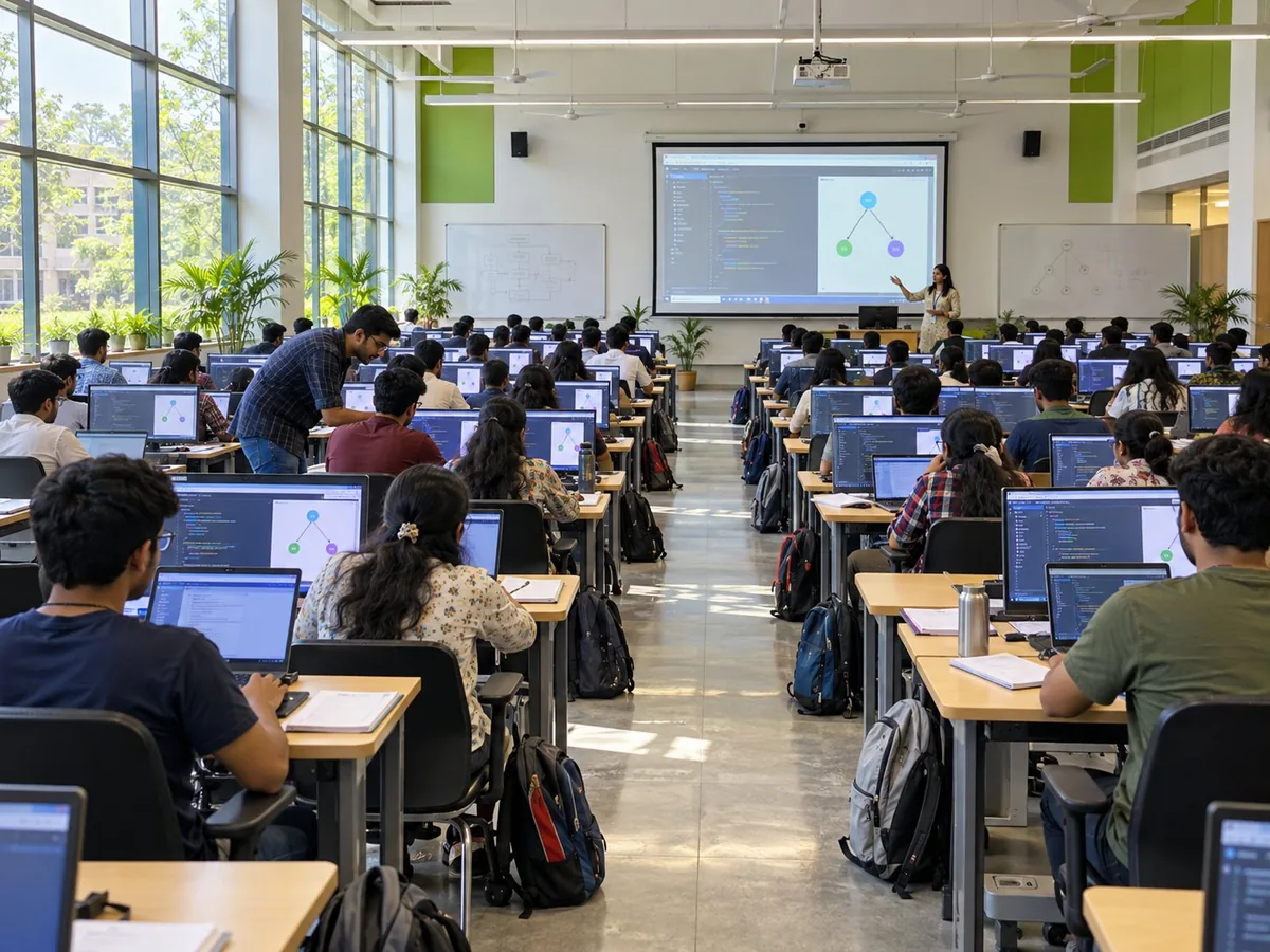 First-year students coding at rows of laptops in a bright university computer lab while a teacher presents