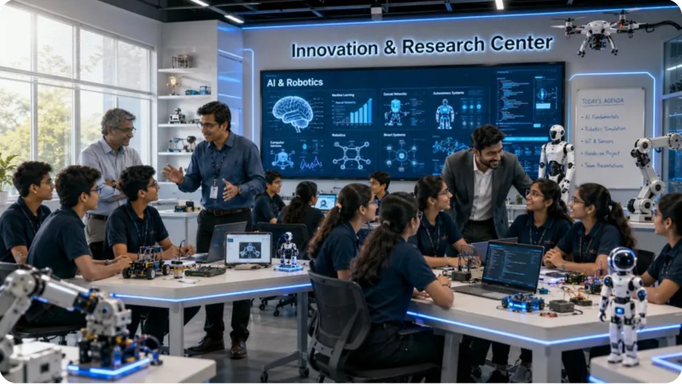 Students and faculty at an AI and robotics innovation and research centre, gathered around lab tables