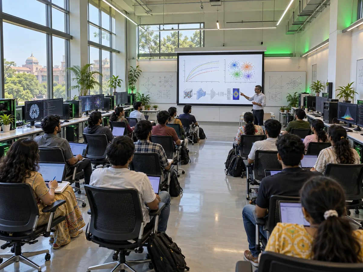 Final-year students and faculty in a research lab with Z by HP workstations, watching a presentation on model results